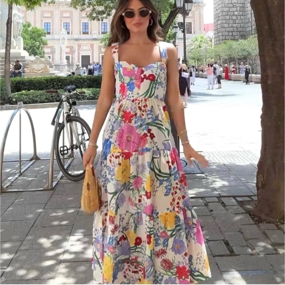 Women Floral Print Strappy Midi Long Dress Multicoloured Size L Sweetheart
